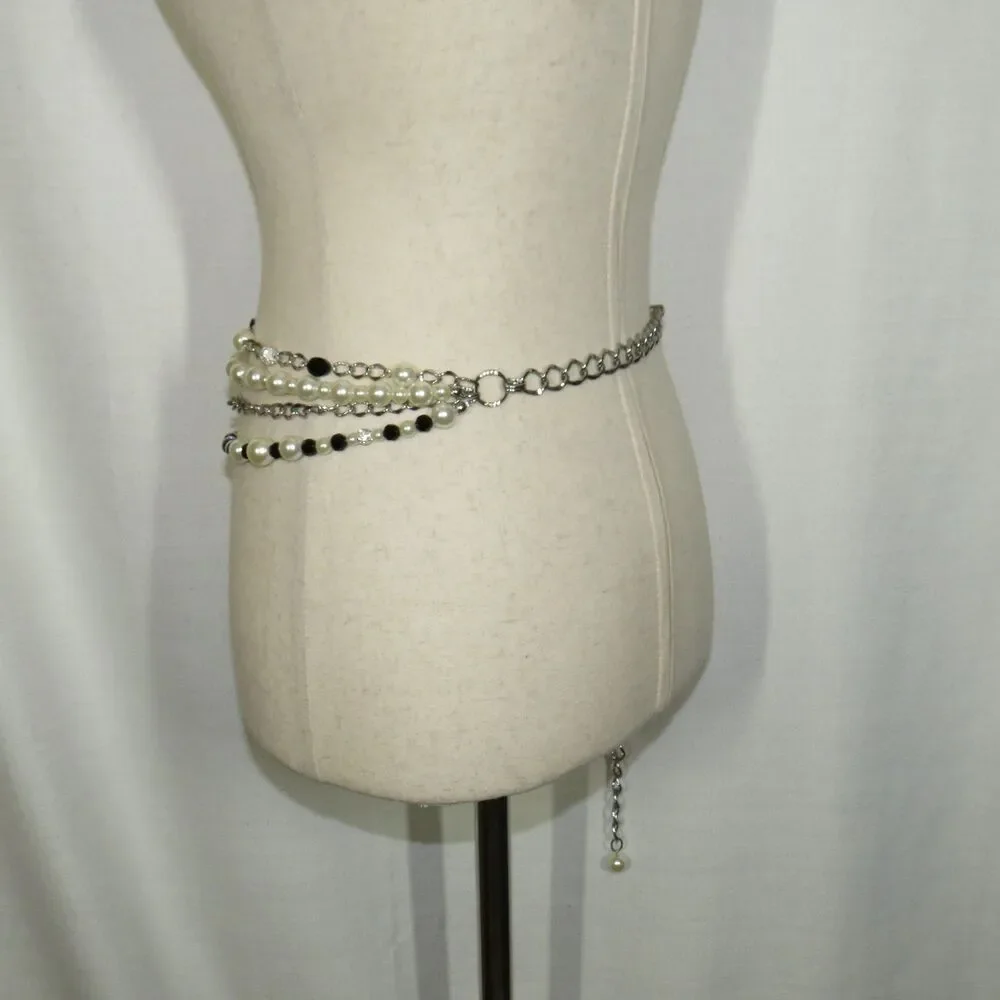 WHBM Faux Pearl CZ Layered Adjustable Chain Belt